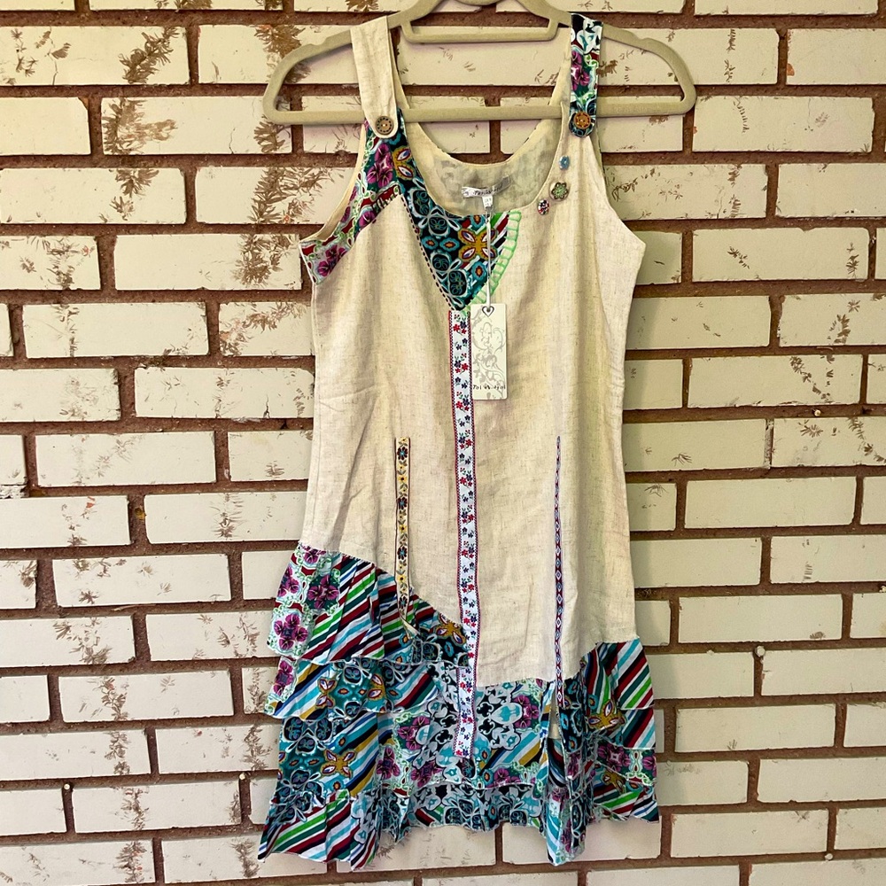 NWT Toi Et Moi Boho Ruffle Mixed Media Print Sleeveless Dress Button Detail M - Picture 4 of 8